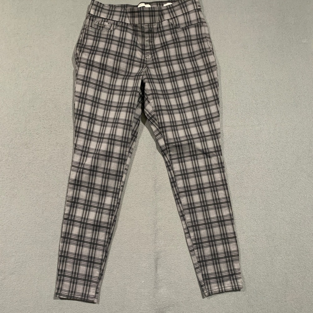 Nine West Heidi Pull On Plaid Skinny Pants Womens 12 Gray Black Stretch Trousers